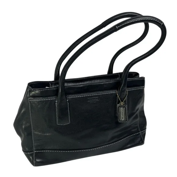 Coach Black Glove Leather Turnlock Satchel Tote Gold Hardware Classic Work Bag - Picture 2 of 10